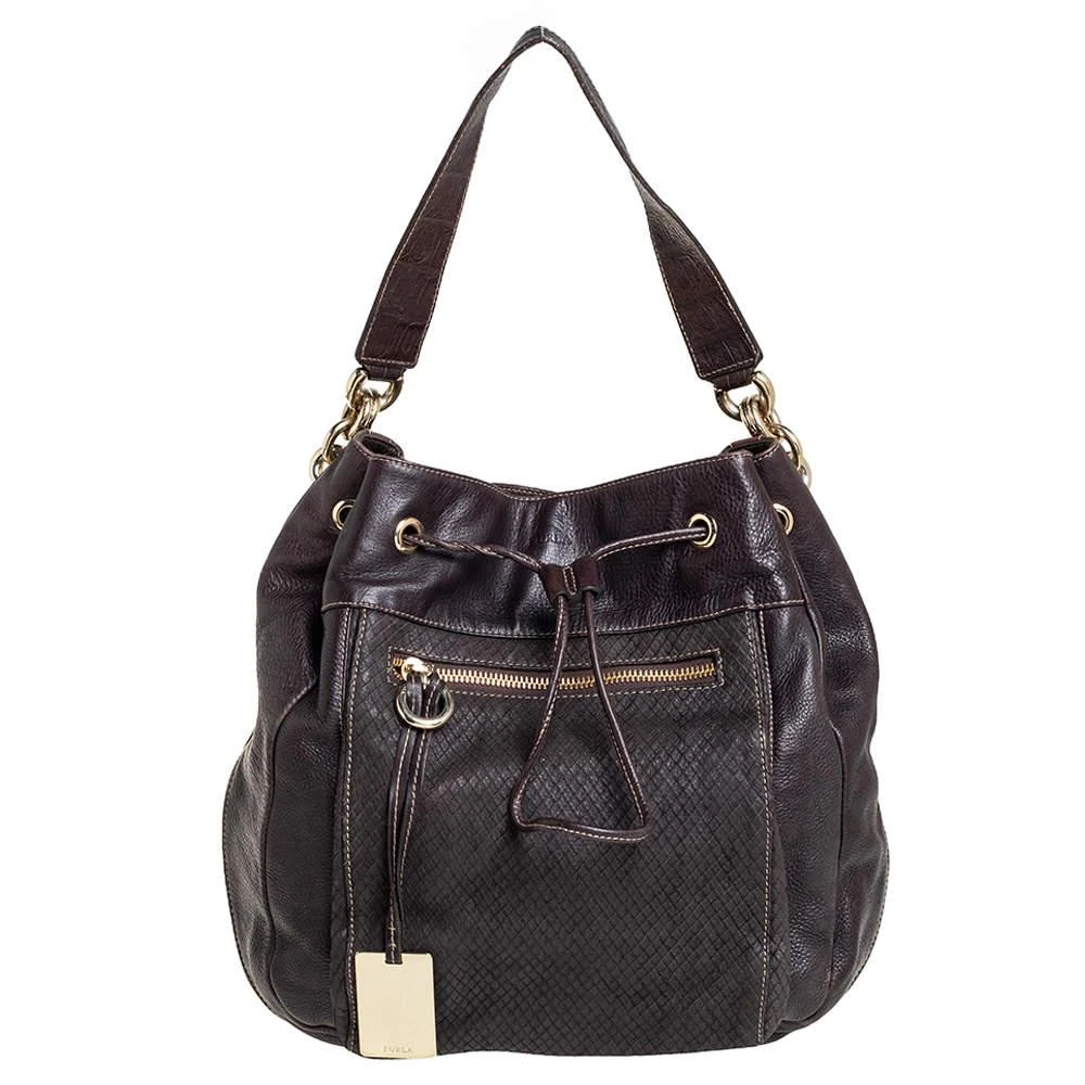 Furla Furla Dark Brown Leather Drawstring Hobo 1