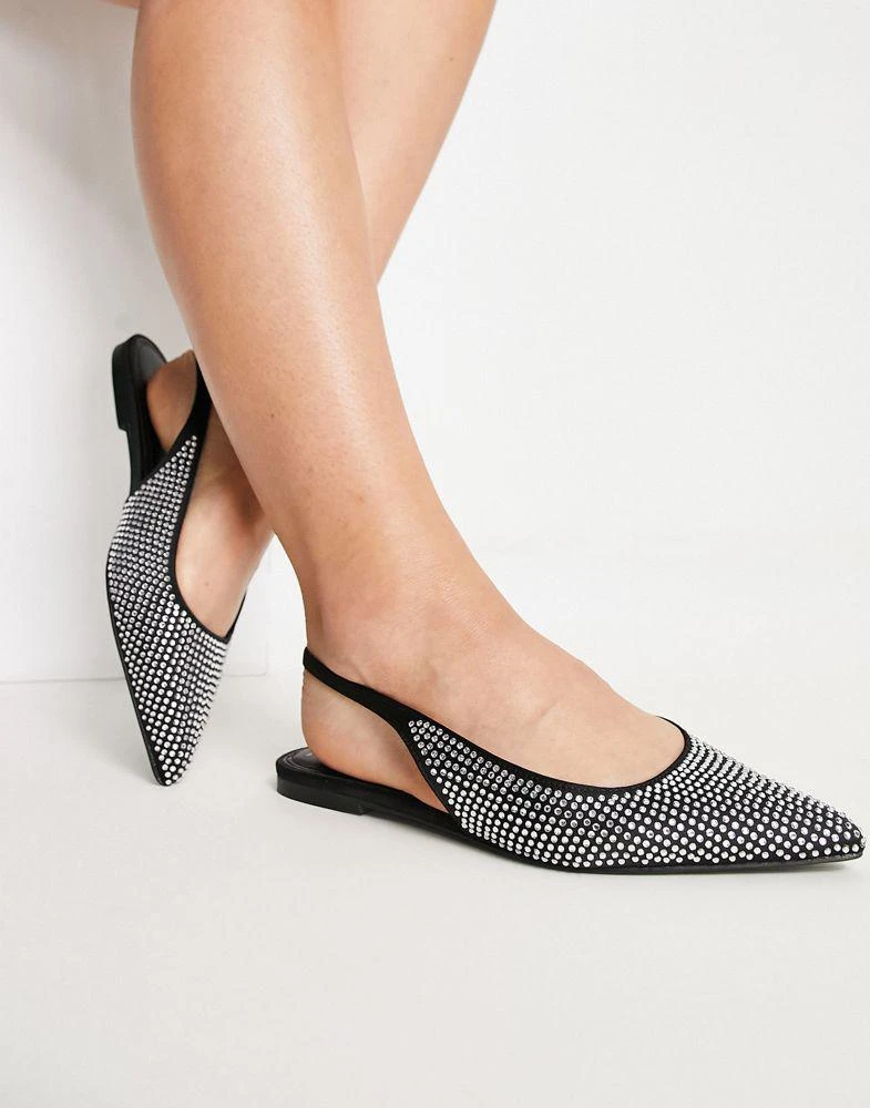ASOS ASOS DESIGN Wide Fit Lala pointed slingback flats in black/silver diamante 2