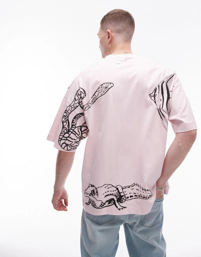 Topman Topman extreme oversized fit t-shirt with animal embroidery in pink 2