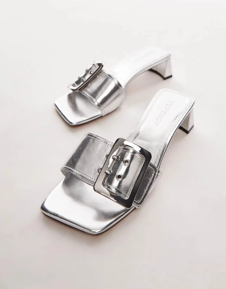 Topshop Topshop Ila heeled mules with buckle in silver 2