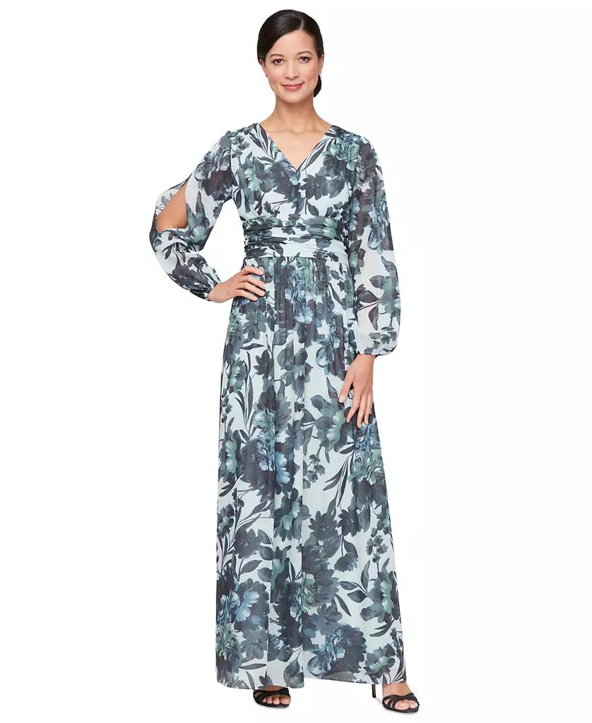 SL Fashions Petite Floral-Print Blouson-Sleeve Gown