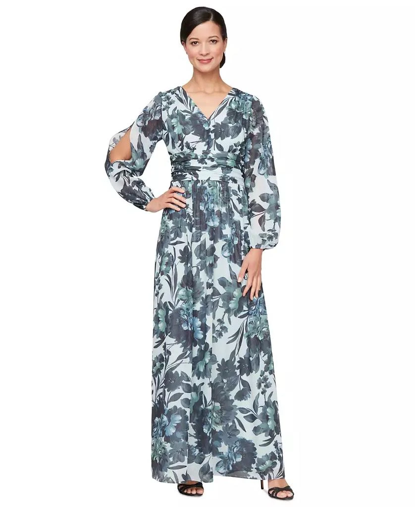 SL Fashions Petite Floral-Print Blouson-Sleeve Gown 1
