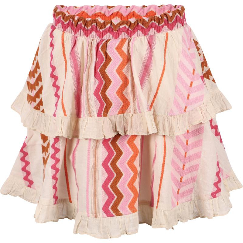 Devotion Geometric print ruffled cotton skirt in cream and pink