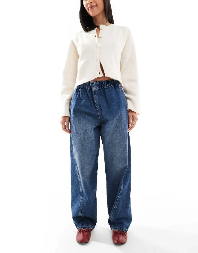 ASOS ASOS DESIGN pull on barrel leg jeans in clean mid blue 1