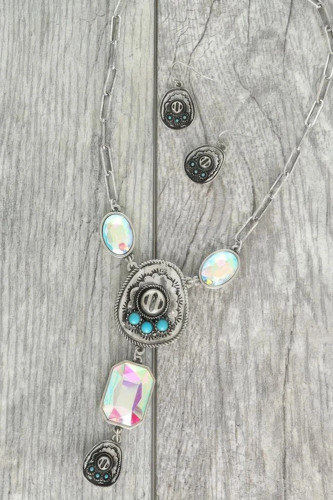 TRUEDAMES Western Gemstone Cowboy Hat Lariat Necklace Set