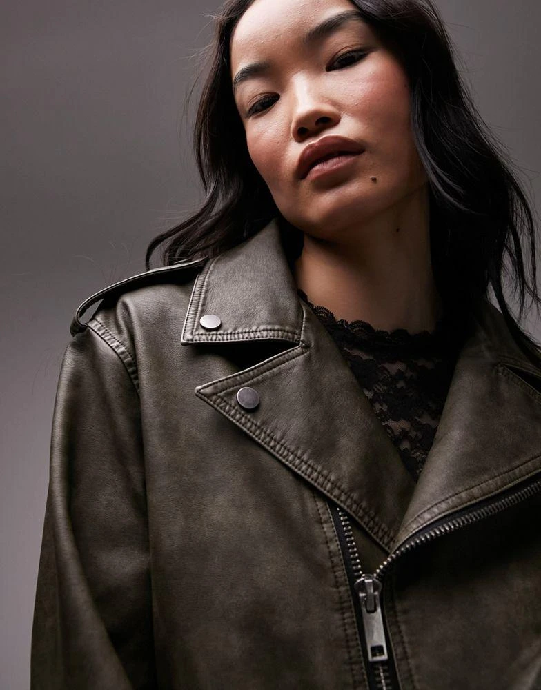 Topshop Topshop faux leather biker jacket in washed green 4