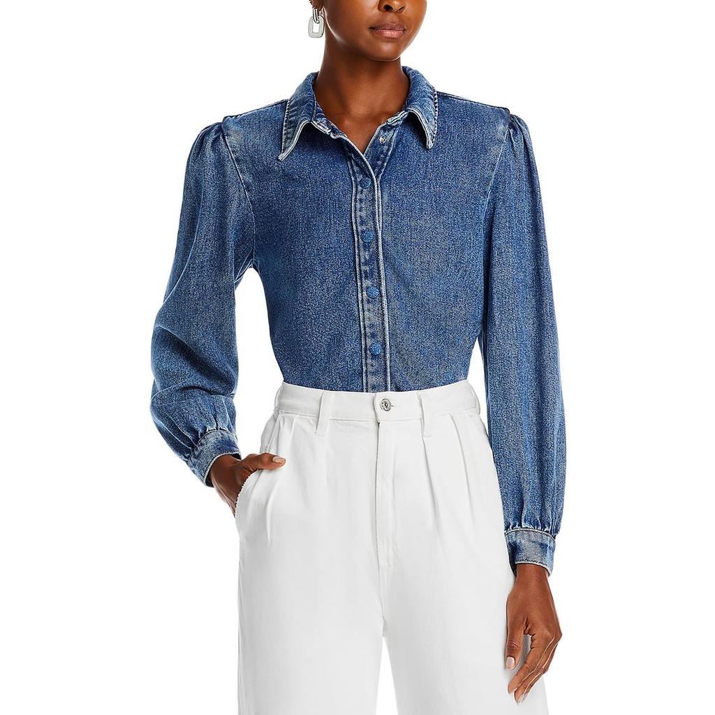 7 For All Mankind Womens Denim Puff Sleeve Button-Down Top