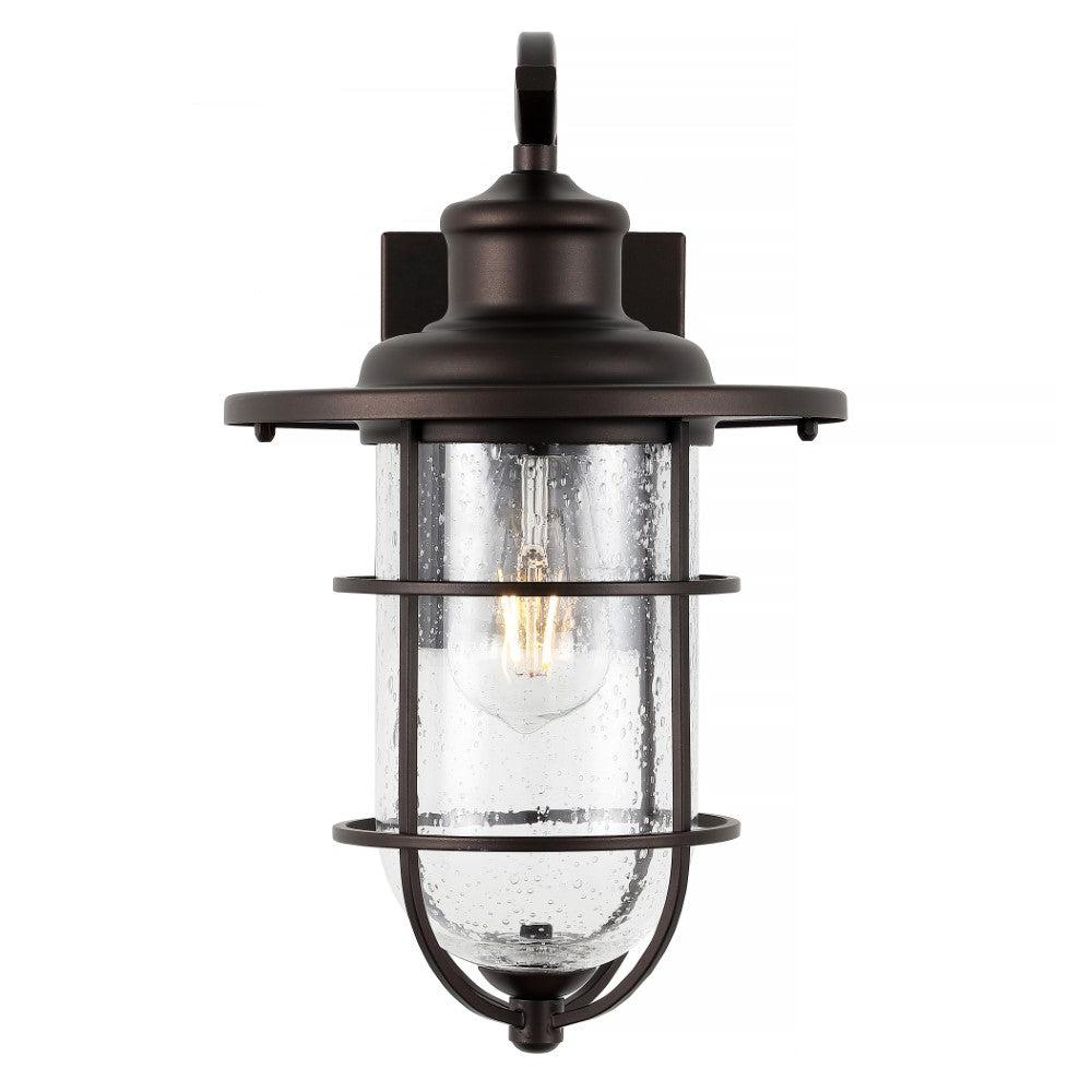 JONATHAN Y Westfield 10.5" 1-Light Iron/Seeded Glass Rustic Industrial Cage LED Outdoor Lantern