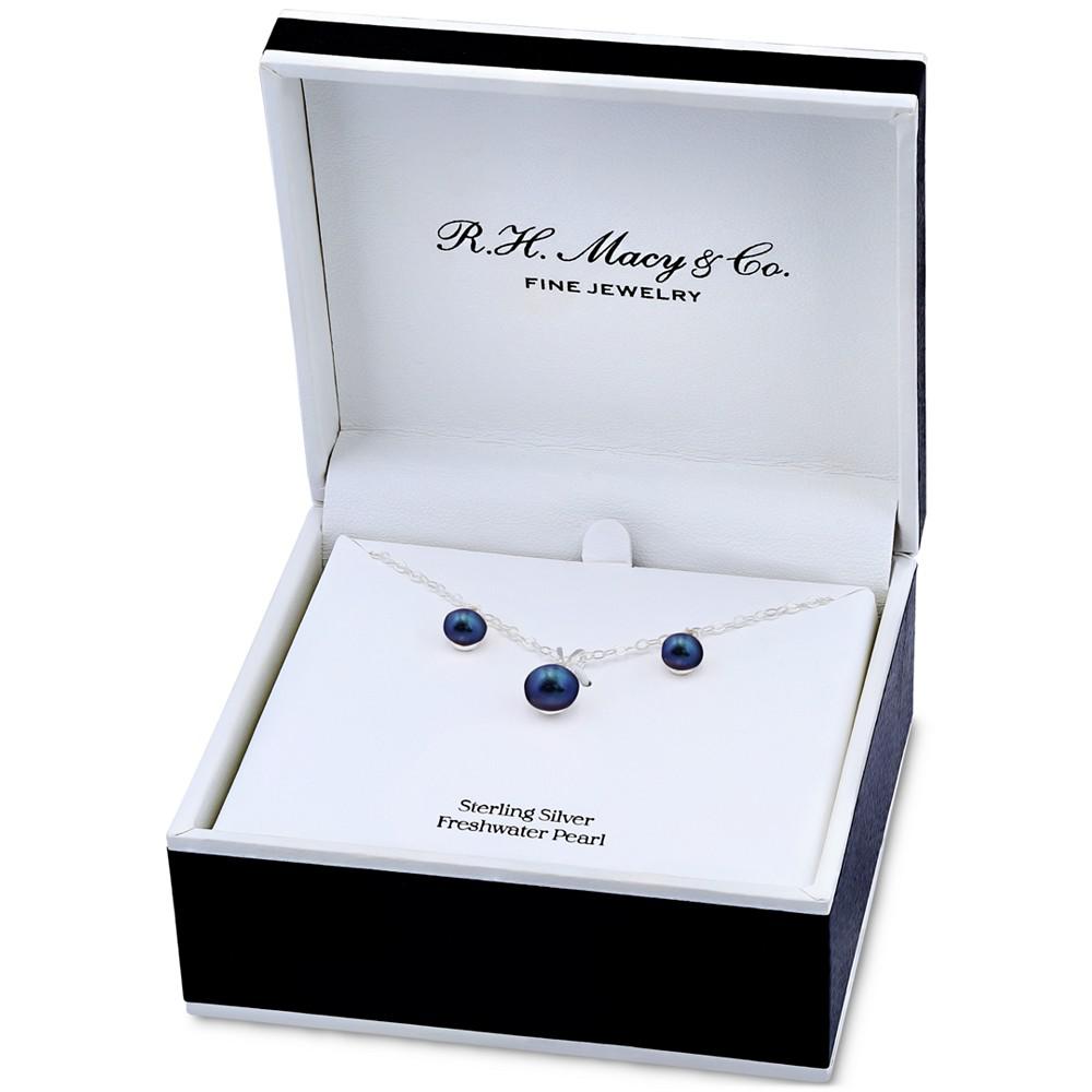 Macy's 2-Piece Set Dyed Black Pearl (6mm) & White Topaz Accent Pendant Necklace & Matching Stud Earrings in Sterling Silver (Also in White & Dyed Pink Cultured Freshwater Pearl)