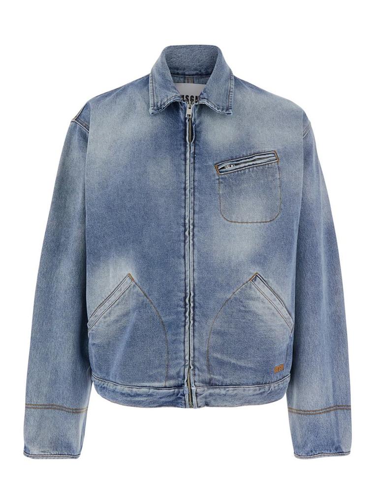 MSGM Blue Jacket With Faded Effect And Logo Embroidered On The Front In Denim Man