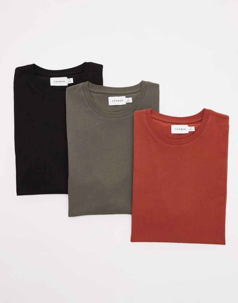 Topman Topman 3 pack regular fit t-shirt in black, khaki and burgundy 1