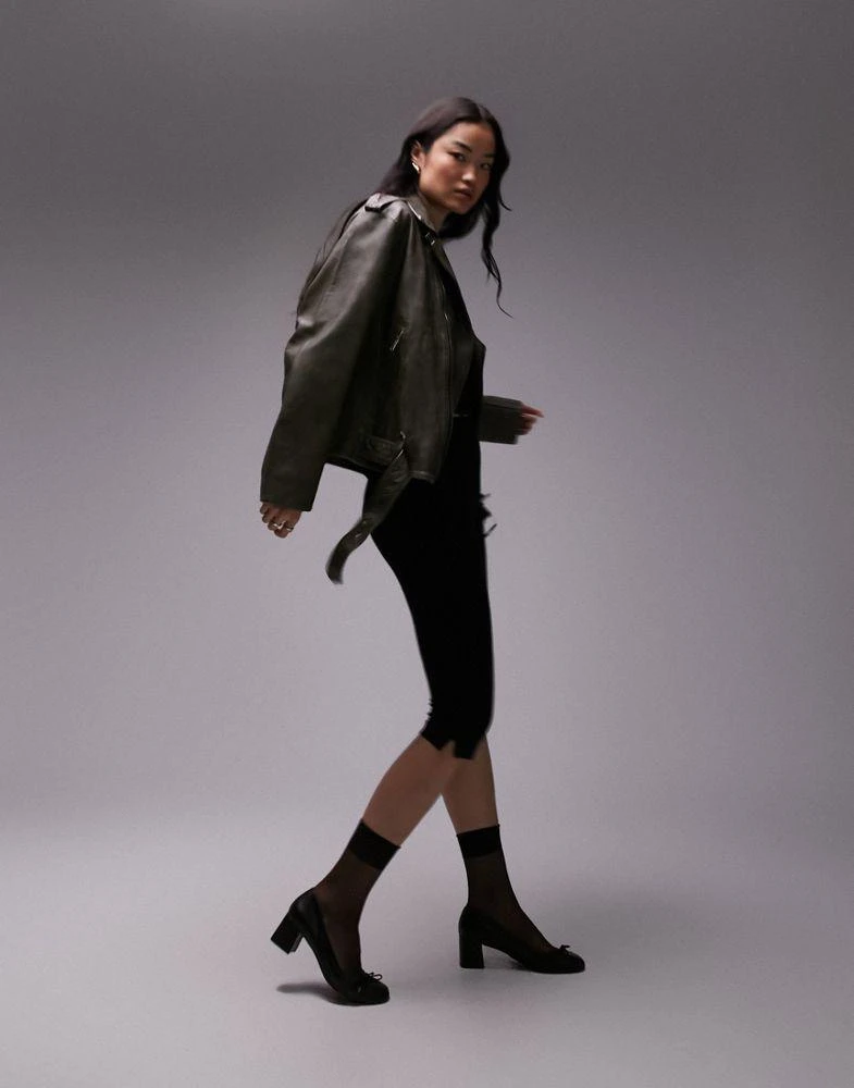 Topshop Topshop faux leather biker jacket in washed green 2