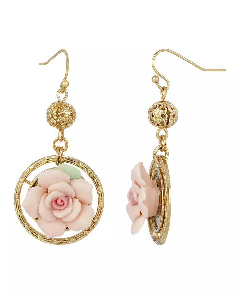 2028 14K Gold Plated Large Pink Porcelain Rose Drop Earrings