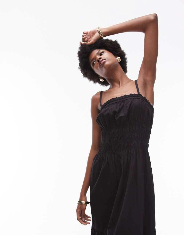 Topshop Topshop shirred poplin midi dress in black 4