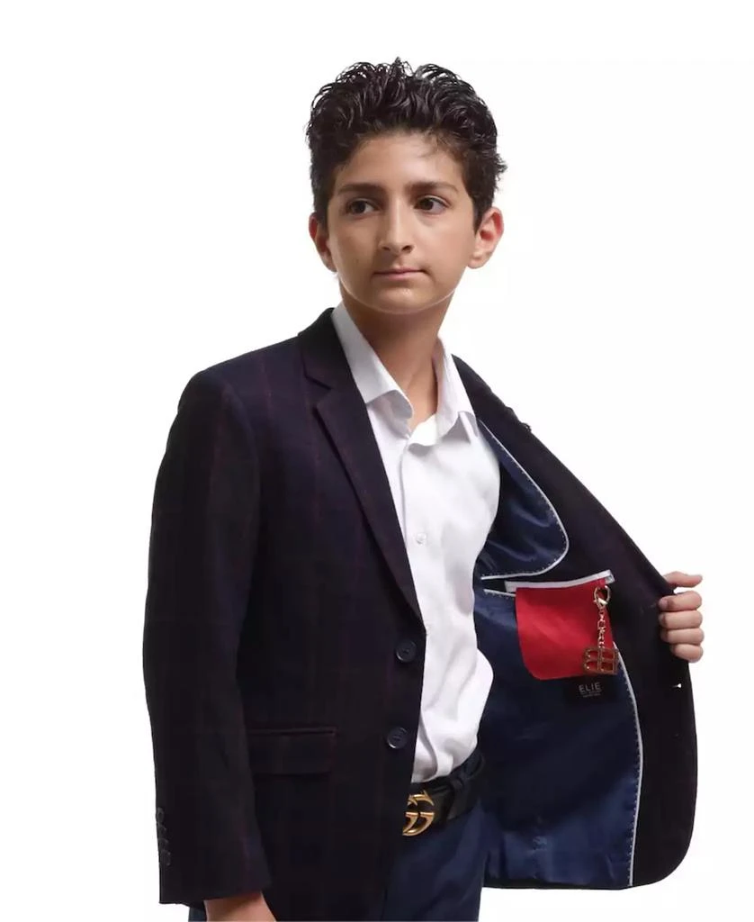 Elie Balleh Boys Wine Slim Fit Wool Checkered Blazer