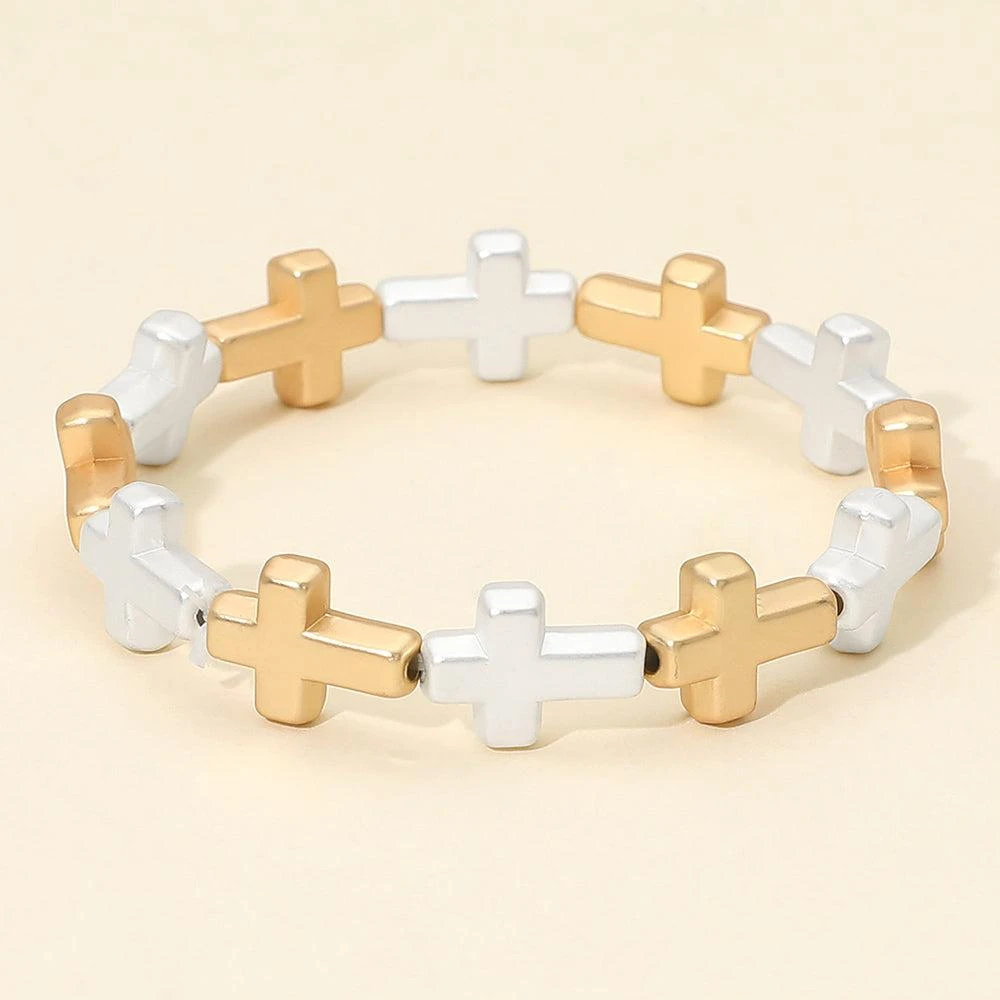 FASHNZFAB Metal Cross Beaded Stretch Bracelet 2