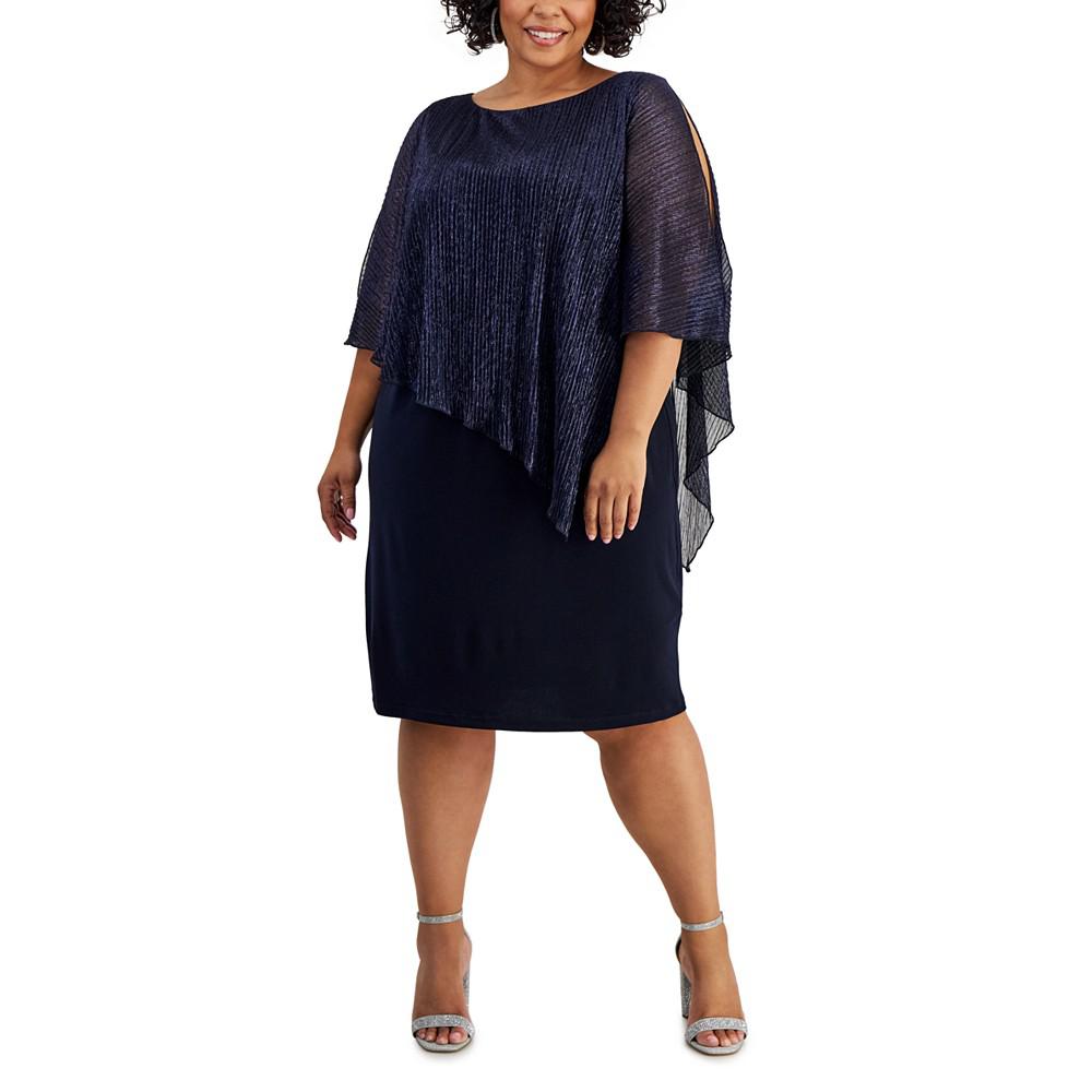 Connected Plus Size Pleated Metallic Cape Sheath Dress