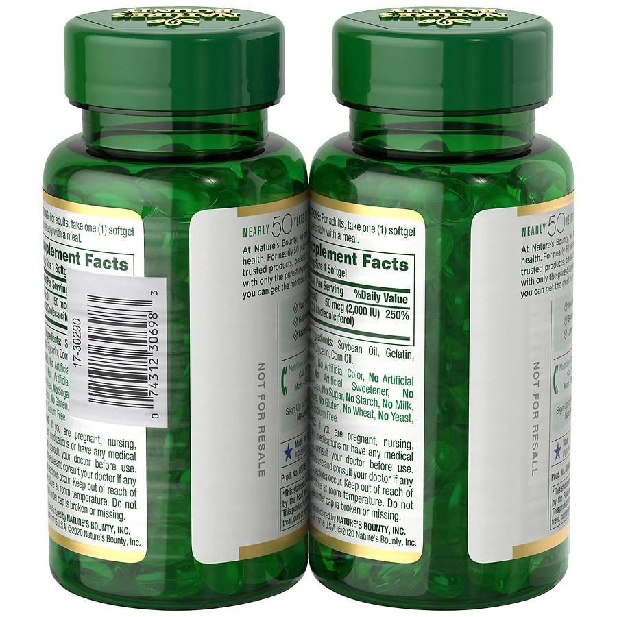 Nature's Bounty Vitamin D3 2000 IU Softgels, Twin Pack 2