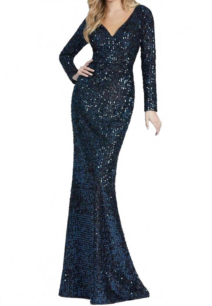 Ieena for Mac Duggal Long Sleeve Sequin Gown In Midnight Blue