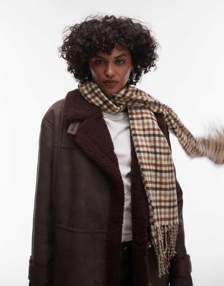 Topshop Topshop faux leather shearling long aviator jacket in burgundy 2