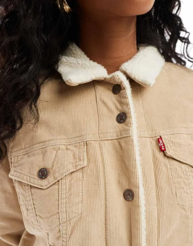 Levi's Levi's original sherpa lined cord trucker jacket in beige 2