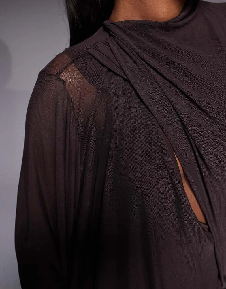 ASOS ASOS DESIGN cowl drape blouson mesh top in chocolate 3