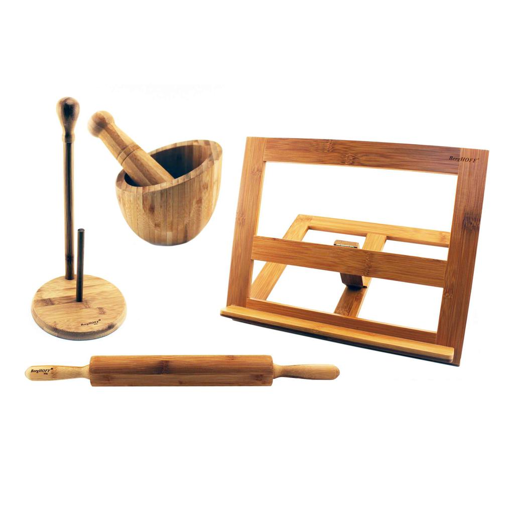 BergHOFF BergHOFF Bamboo Kitchen Set 4pc (Cook Book Holder, Garlic Bowl, Paper Towel Holder, & Rolling Pin)