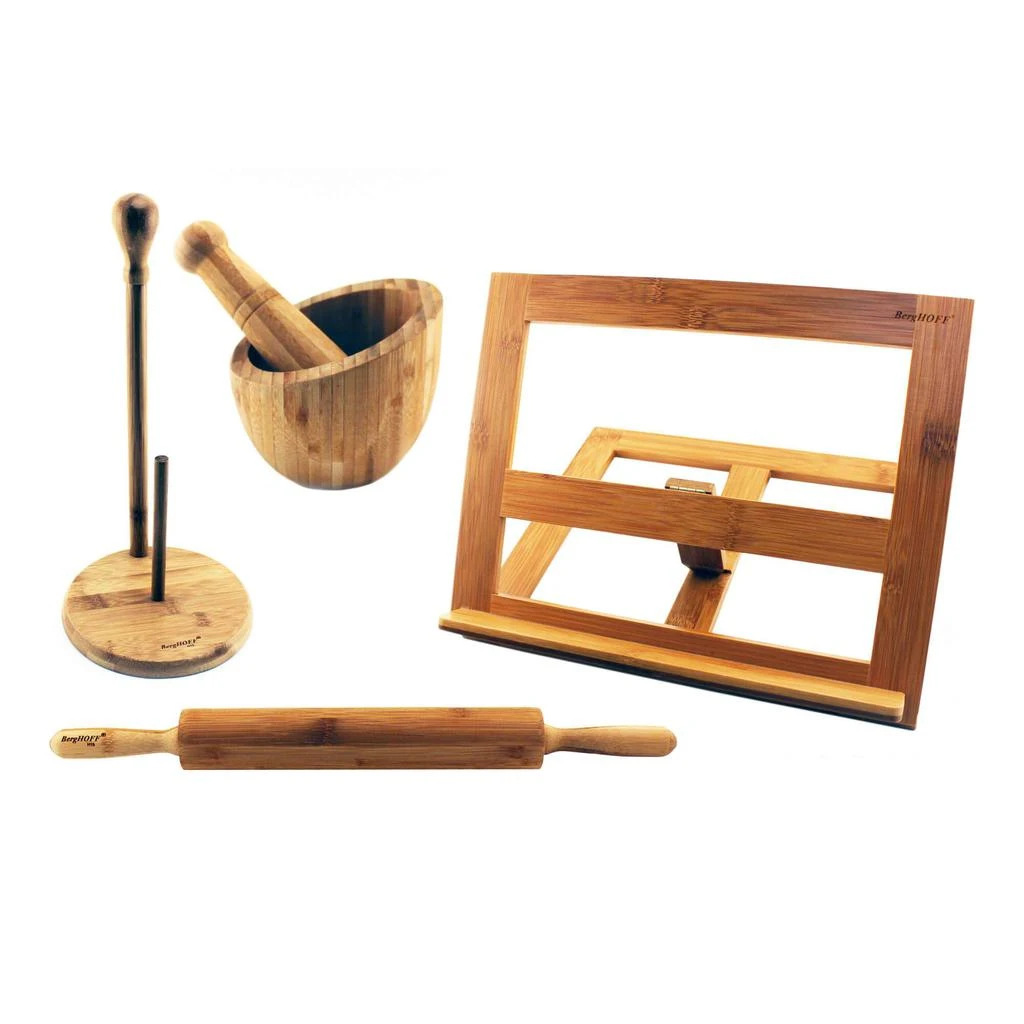BergHOFF Bamboo Kitchen Set 4pc (Cook Book Holder, Garlic Bowl, Paper Towel Holder, & Rolling Pin) 1