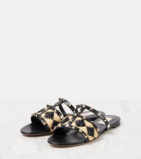 Valentino Rockstud raffia-trimmed leather sandals 4