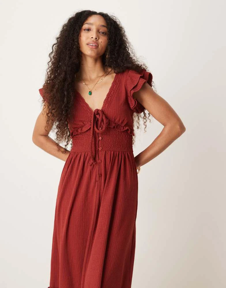 ASOS DESIGN ruffle V neck seersucker midi dress in rust  On Sale Now with  Up to 11% Off | Discover Exclusive Deals & Savings at BeyondStyle   Authentic ASOS Home|women with