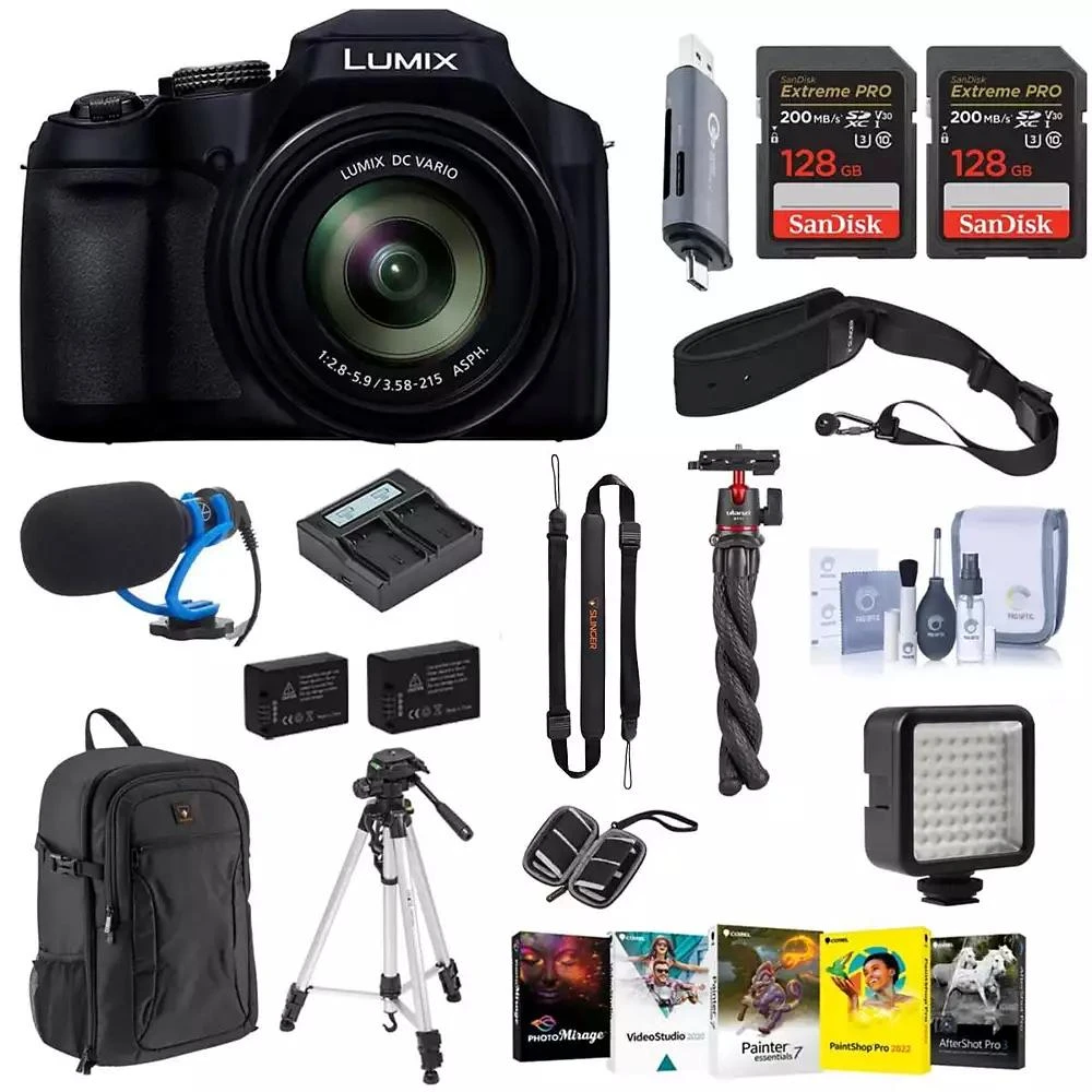 Panasonic LUMIX FZ80D 18.1MP Point
Shoot Digital Camera, Bundle with 128GB Memory Card, Battery, Tripods, Microphone, W49 Light and Software Kit