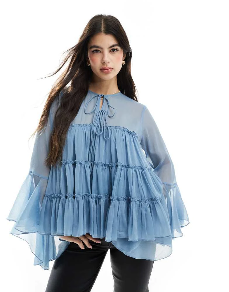 ASOS ASOS DESIGN tie front tiered blouse with ruffle cuffs in blue 1