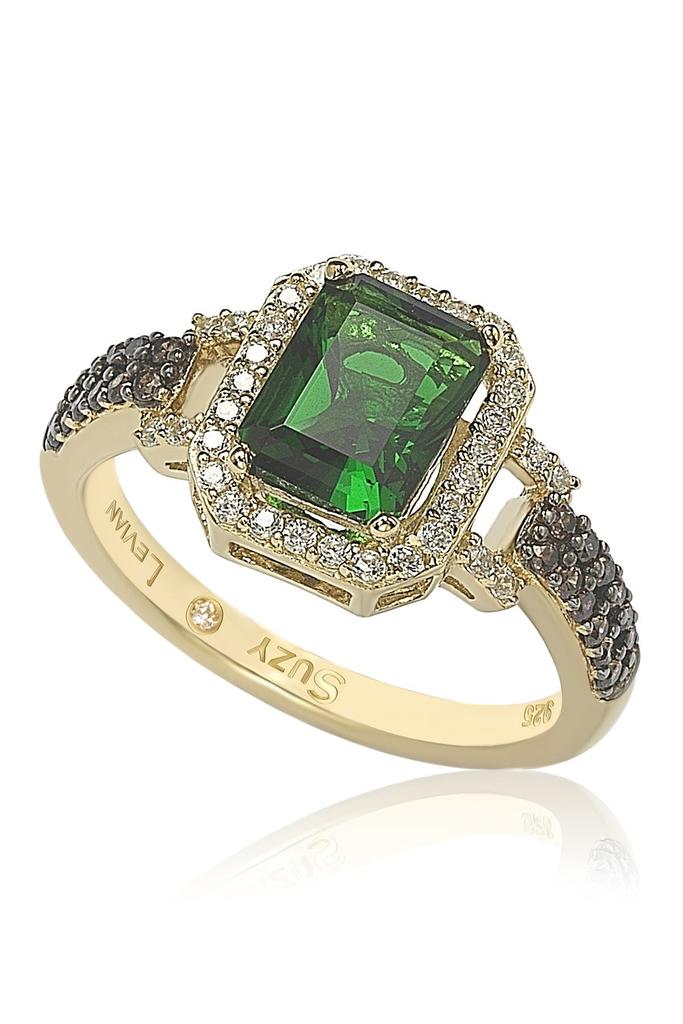 Suzy Levian Yellow-Tone Sterling Silver Prong Set Emerald Cut & Pave CZ Ring