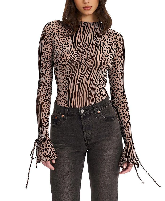 Miss Circle Ibera Animal Print Burnout Velvet Long Sleeve Bodysuit