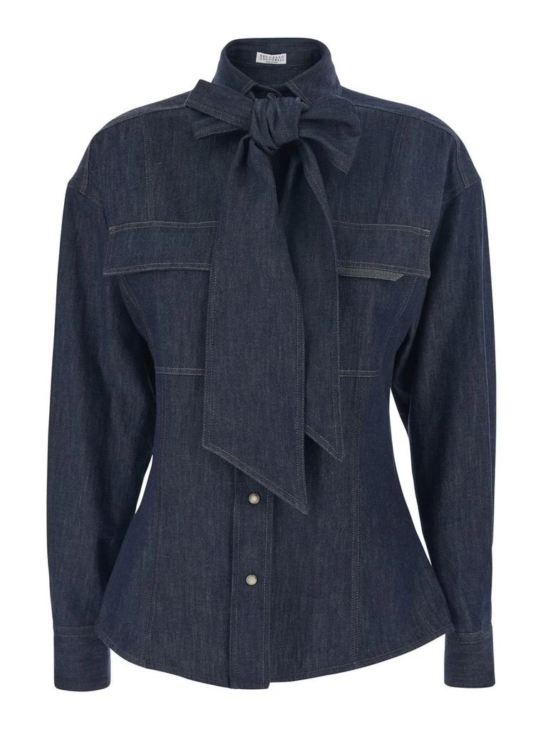 Brunello Cucinelli Brunello Cucinelli Lightweight No-Fade Denim Pussybow Shirt from Cettire