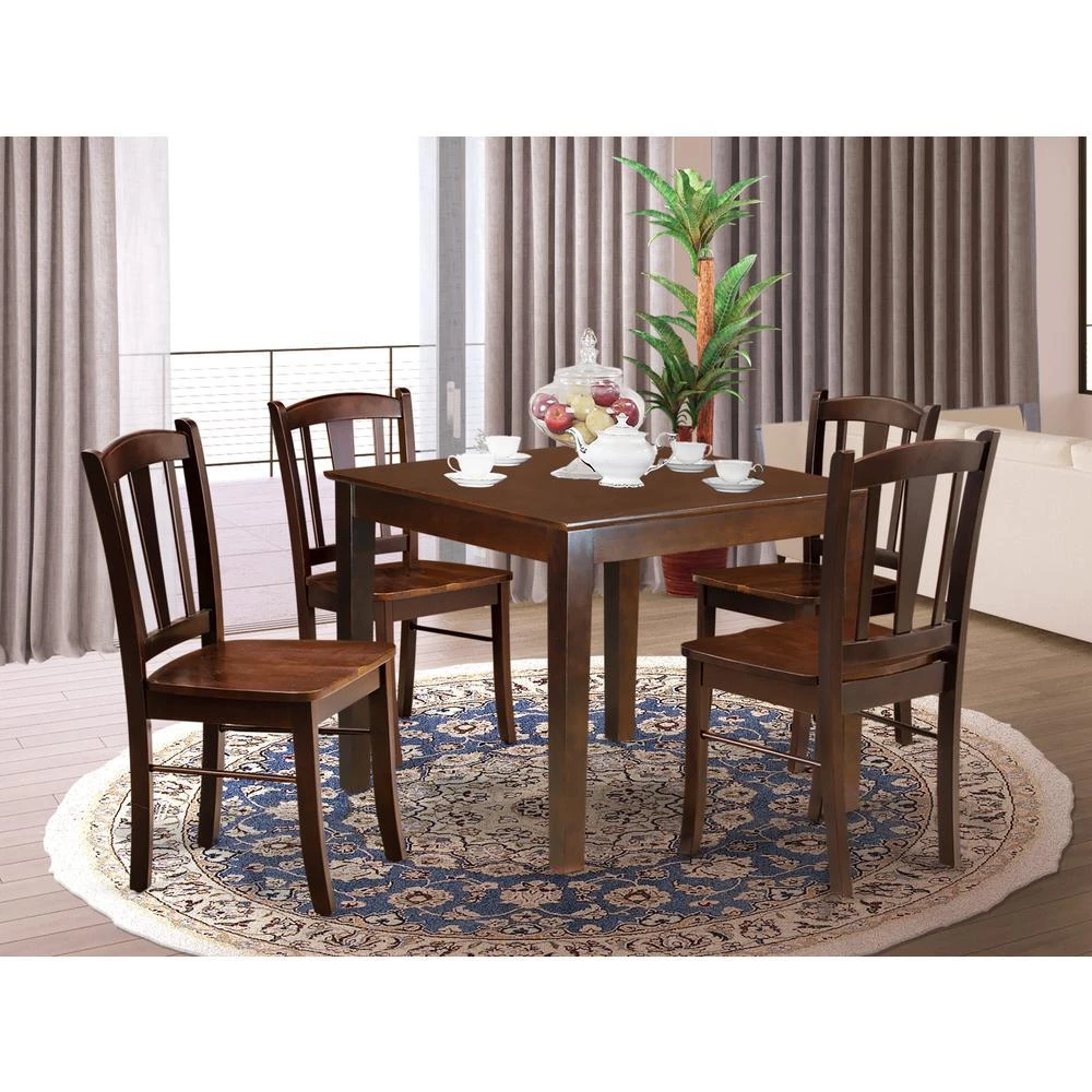 East West Furniture OXDL5-MAH-W - 5-Pc Dining Room Table Set- 4 Dining Chair and Dining Table - Wooden Seat and Slatted Chair Back - Mahogany Finish