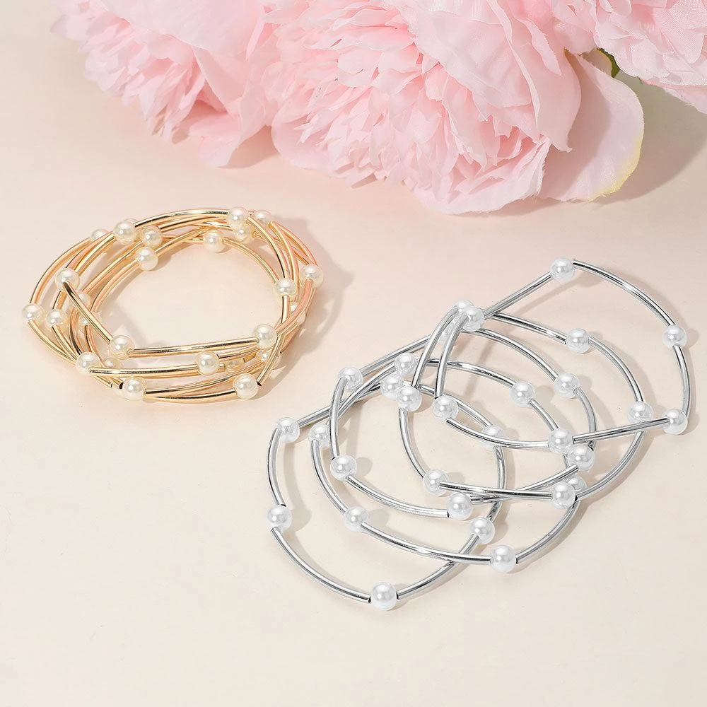 FASHNZFAB 5PCS - Pearl Metal Bar Beaded Stretch Multi Layered Bracelets 4