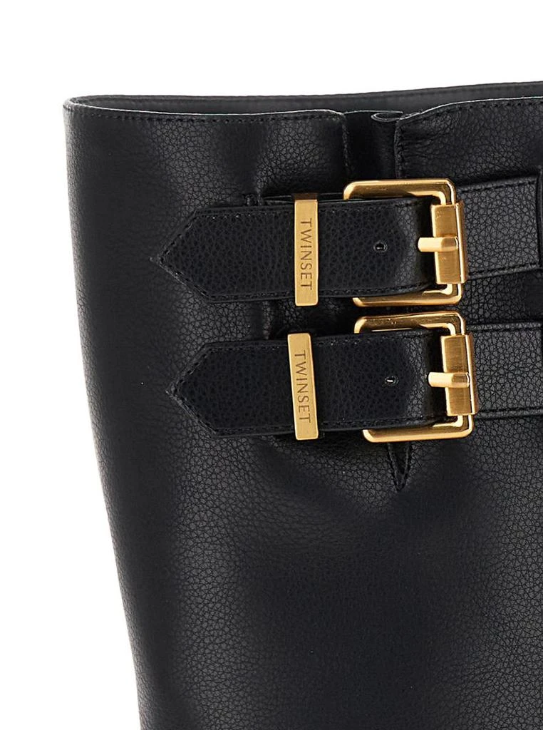 TWINSET Black Ankle Boots With Logo Buckles In Eco-Leather Woman 4