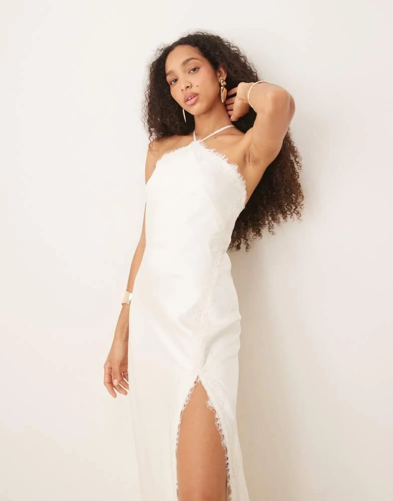 chinese dress ladies Puff Sleeve Lace Trim Ruched with Pockets Midi Dress, White / Xs main image 1