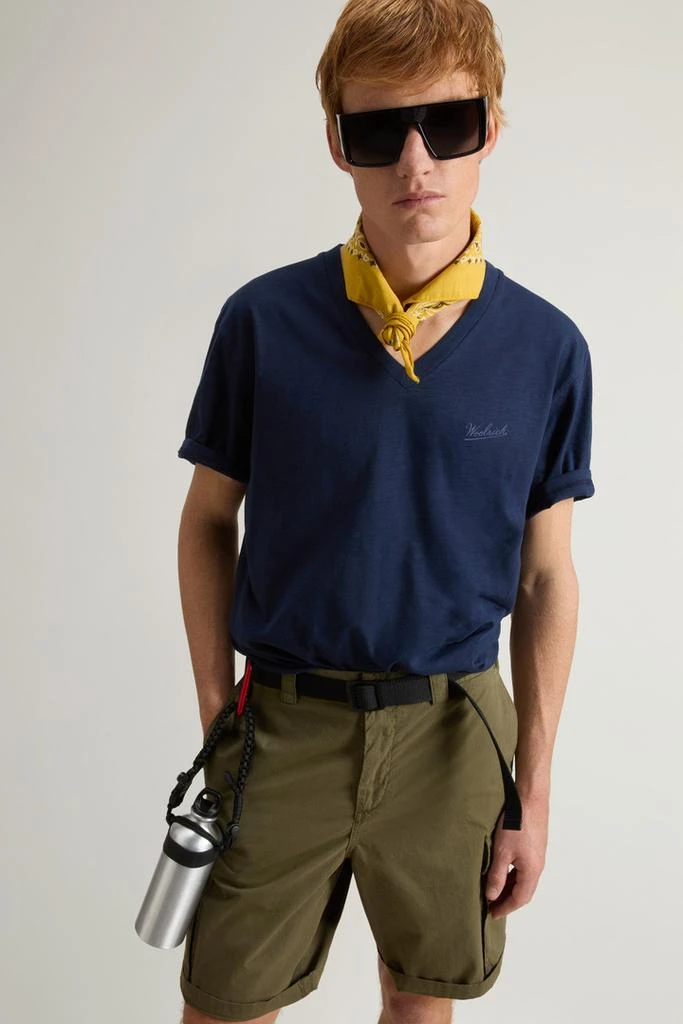 Woolrich Pure Cotton Slub T-Shirt with V-Neck - Men - Blue 4