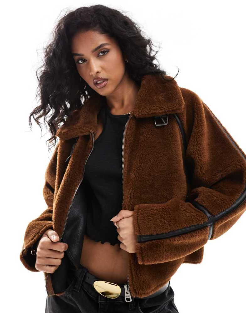 Pull&Bear Pull&Bear shearling jacket with faux leather seam detail in brown 1