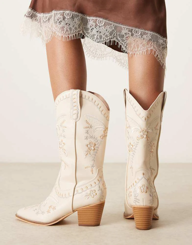 Glamorous Glamorous embroidered western knee boots in cream 3