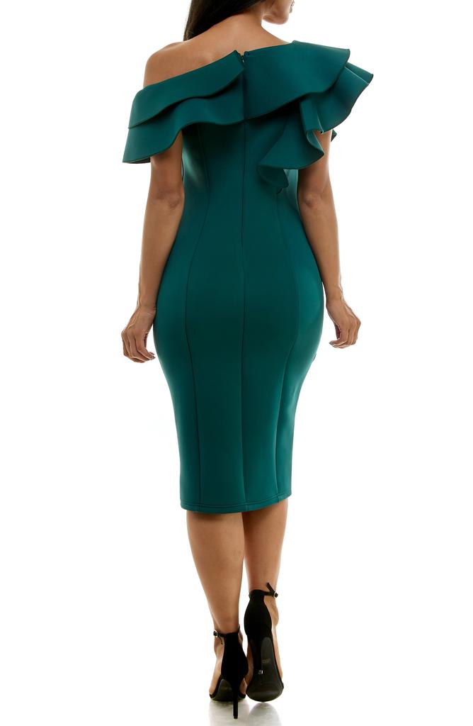 Nina Leonard Ruffle One-Shoulder Scuba Knit Sheath Dress