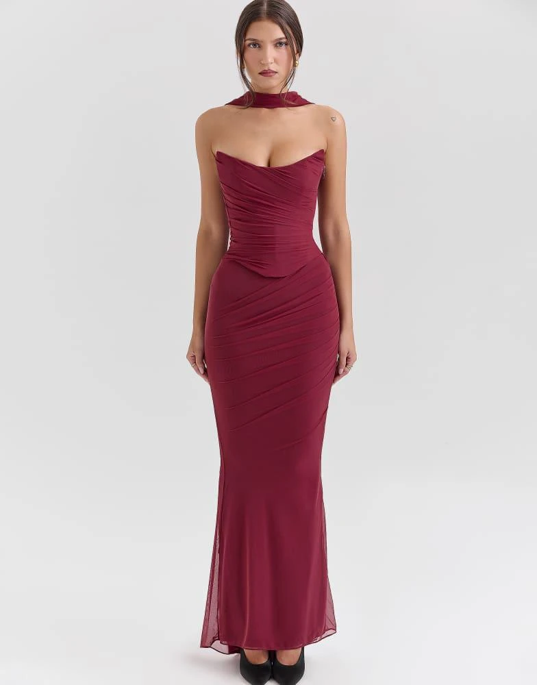 House of CB House of CB Cassidy fluted hem mesh maxi skirt in cabernet 1