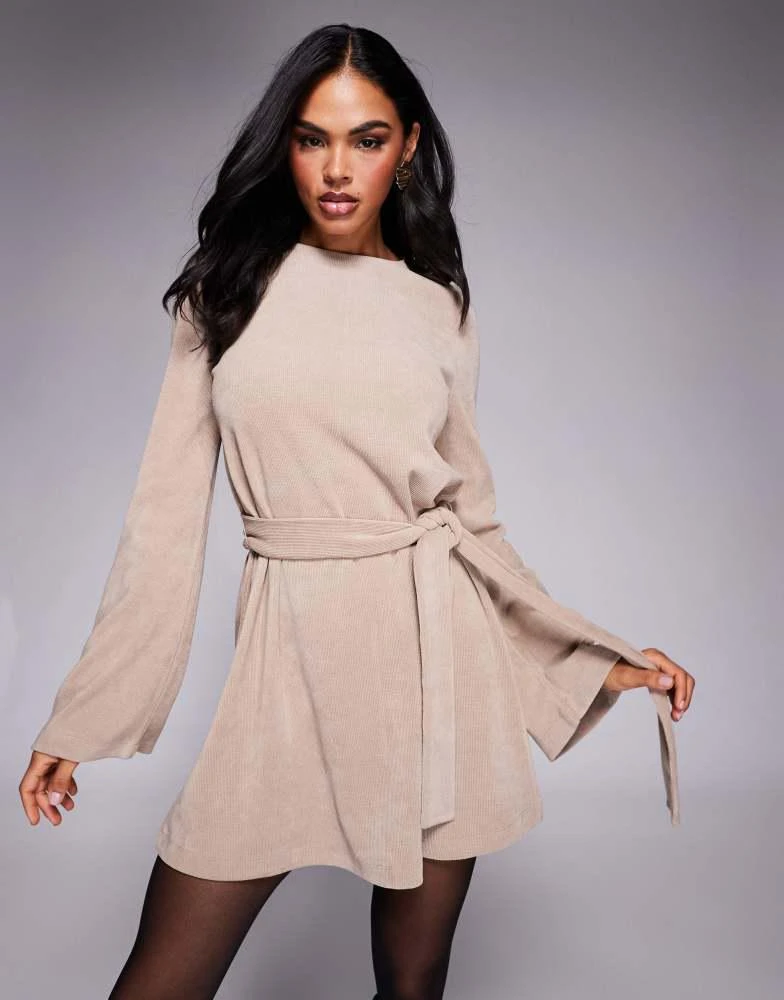 ASOS ASOS DESIGN fluted sleeve tie waist cord mini dress in neutral 2