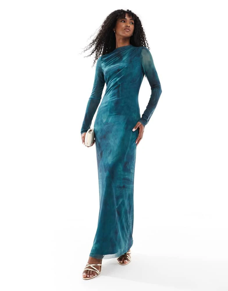 VERO MODA Vero Moda long sleeve drapey mesh maxi dress in teal and green  marble print - Dresses & Skirts - Free Shipping - BeyondStyle