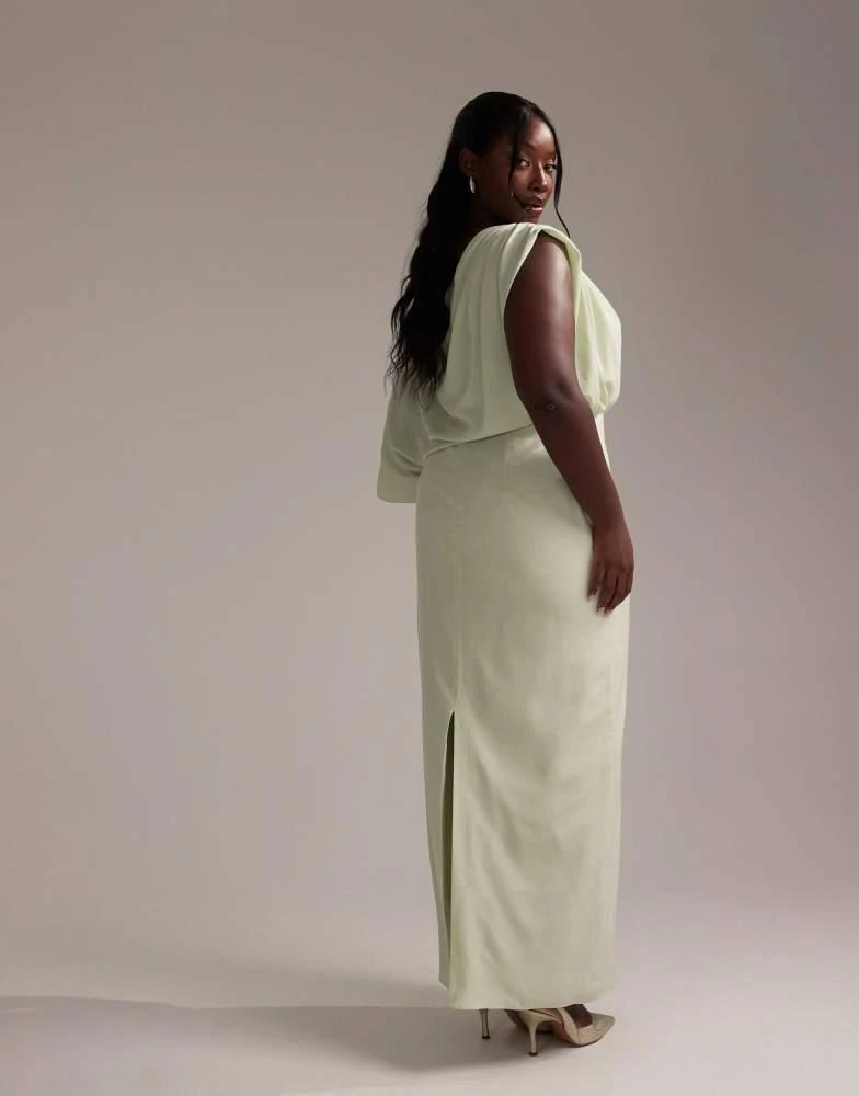 ASOS Design Curve Bridesmaids crepe one shoulder draped maxi dress in light green