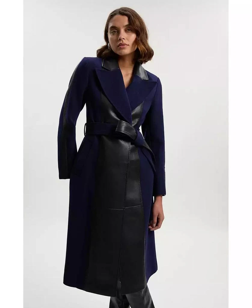 KAREN MILLEN Women
s Wool Pu Mix Belted Midi Coat