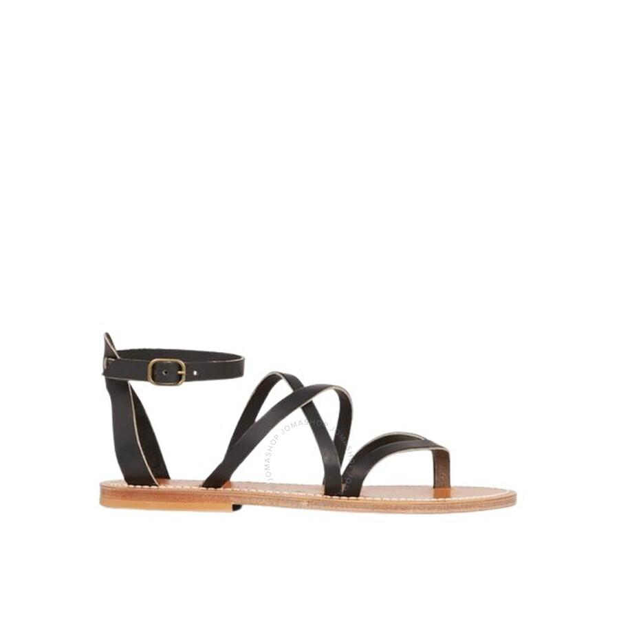 K. Jacques Ladies Epicure Pul Noir Flat Leather Sandals