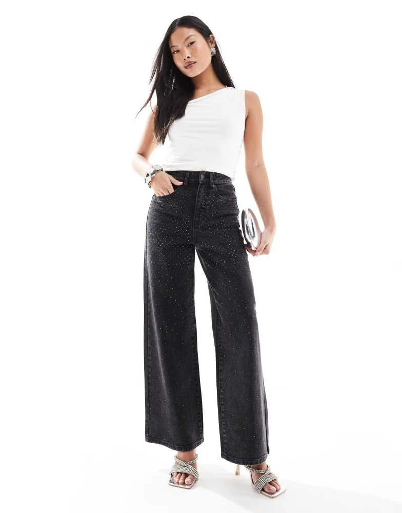 ONLY Petite ONLY Petite Hope wide leg jeans with rhinestones in washed black 1